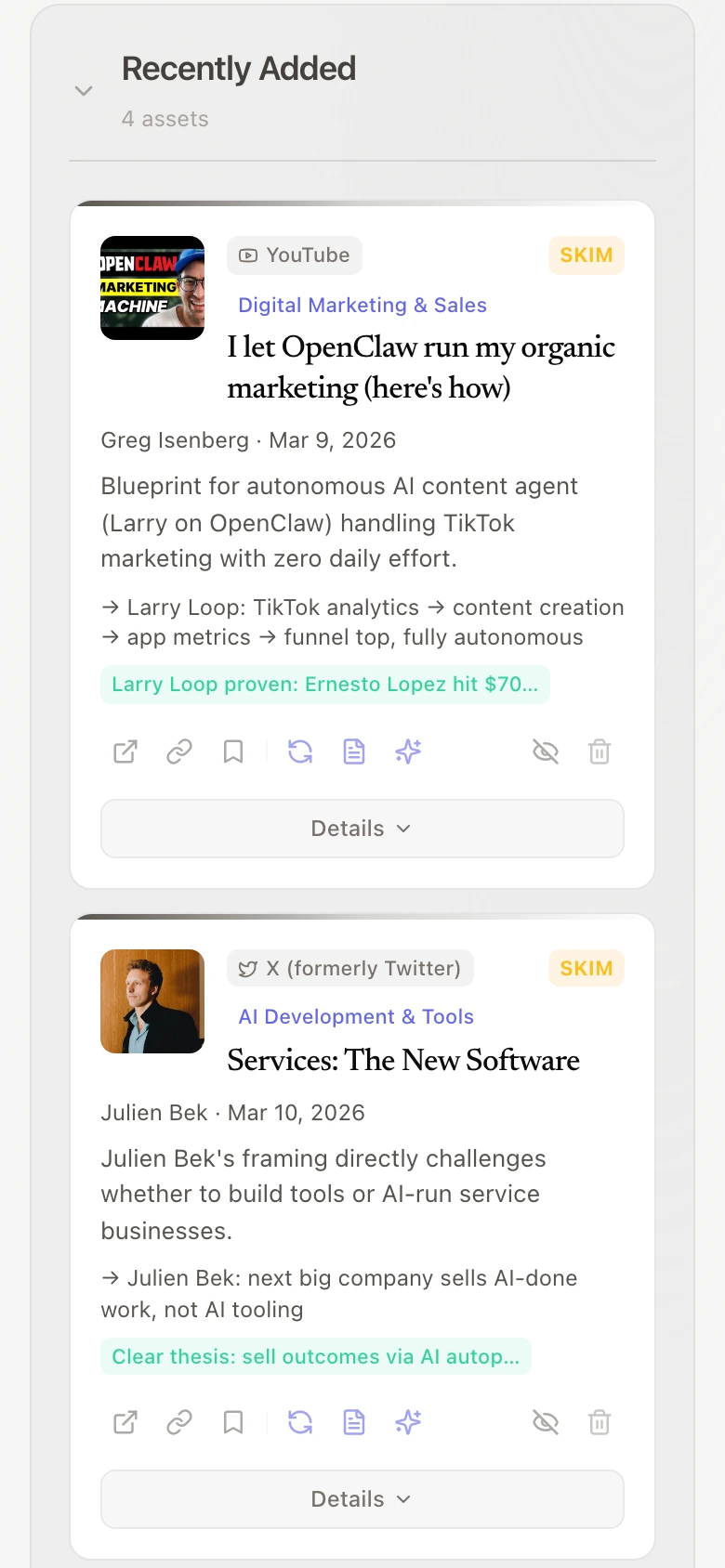 TubeWiser mobile dashboard showing YouTube video cards with thumbnails, AI-generated summaries, and action buttons