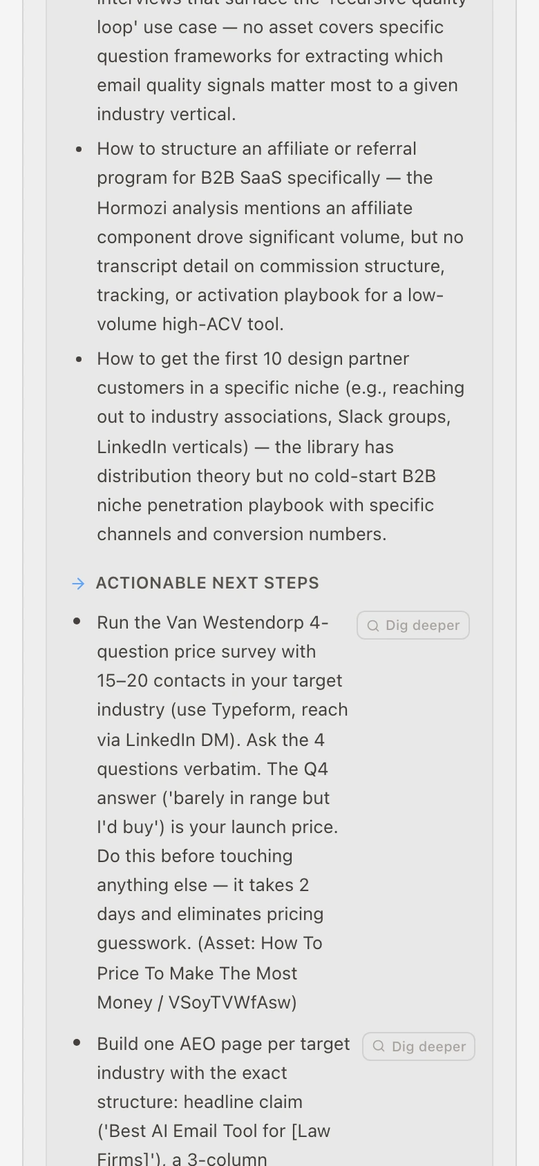 Intelligence Brief: Actionable Next Steps with specific recommendations like running a Van Westendorp pricing survey