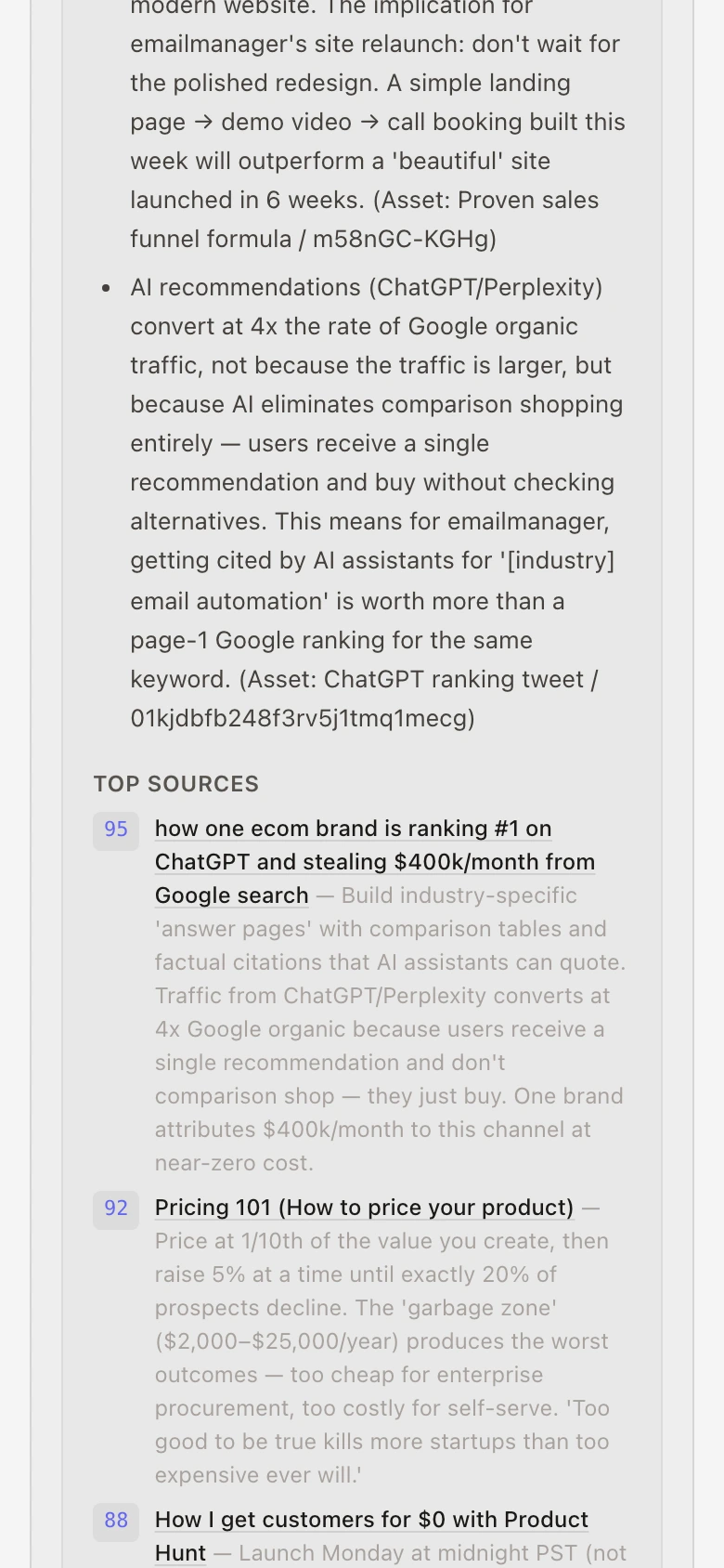 Intelligence Brief: Top Sources with relevance scores 95, 92, 88 and key insights per source