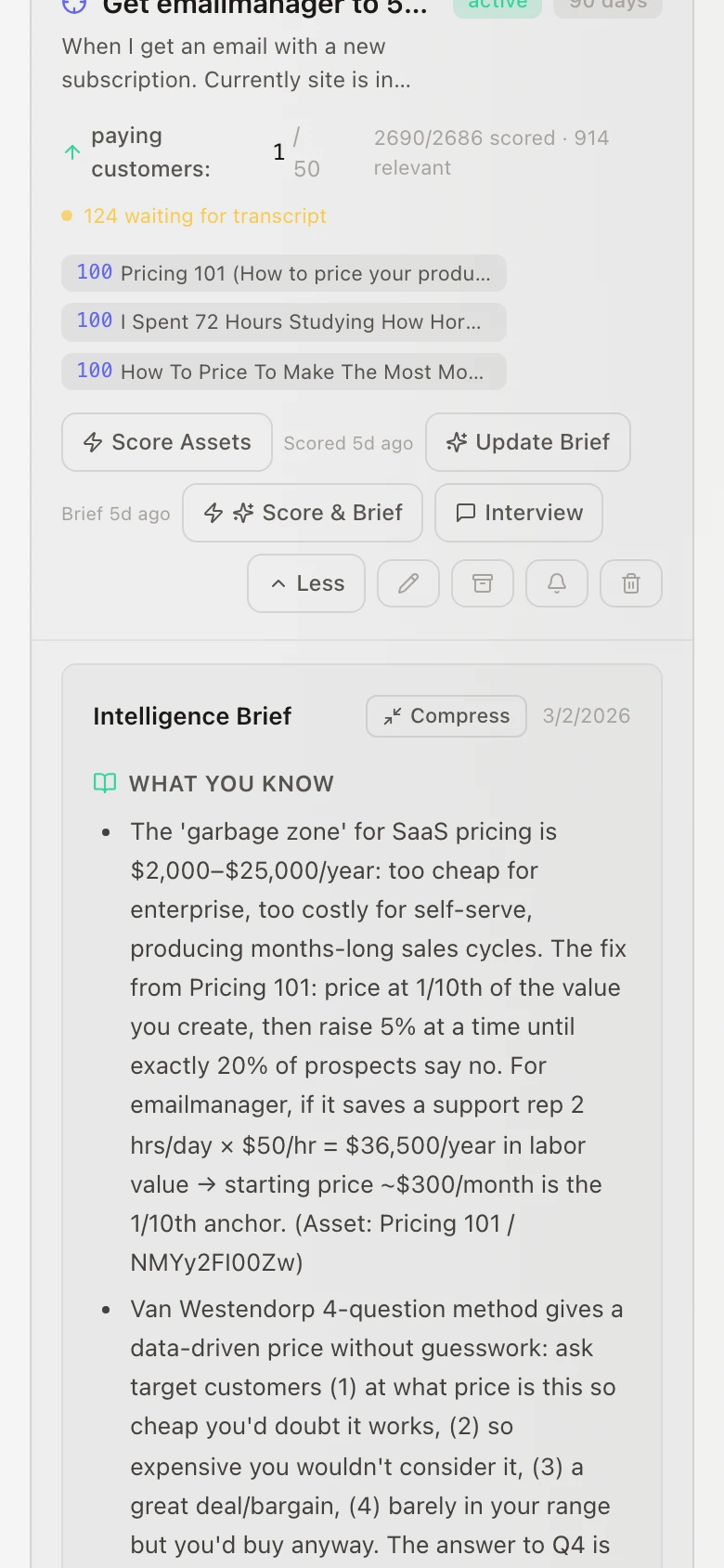 Intelligence Brief: What You Know section showing SaaS pricing insights extracted from scored YouTube videos