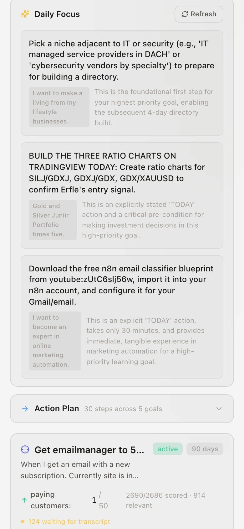 TubeWiser goals dashboard with Daily Focus actions, goal tracking, and AI-scored relevant content