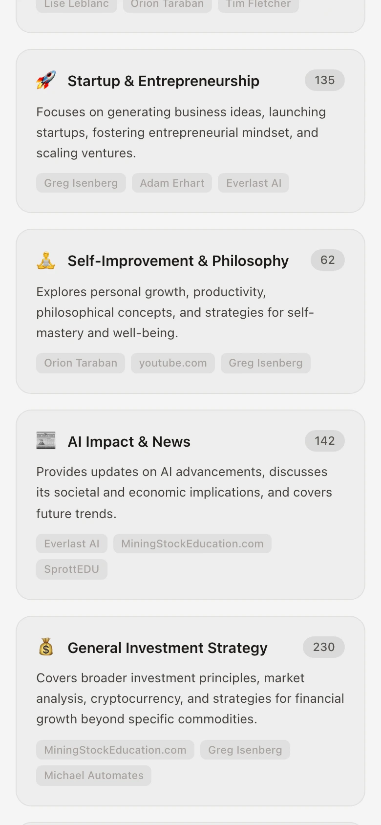 TubeWiser interests page showing 11 auto-generated content categories like AI Development, Marketing, and Entrepreneurship with top authors